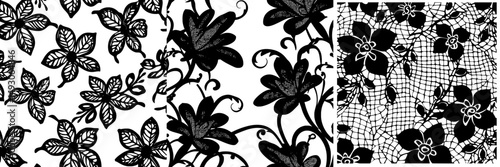Wall Mural Black lace features a seamless floral pattern set against a white backdrop