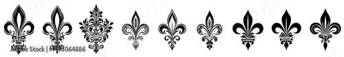 Modern illustration featuring a set of black silhouettes of lily flowers, known as fleur-de-lis
