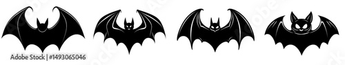 Modern illustration of a bat in black silhouette set against a white background
