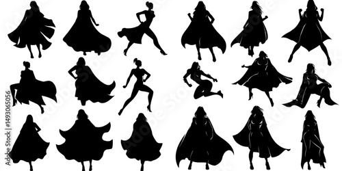 Modern EPS 10 file featuring a range of action poses by female superhero silhouettes