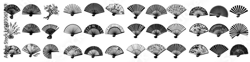A collection of handheld fan icons, including folding and rigid designs, are showcased on a plain white background in a modern illustration style