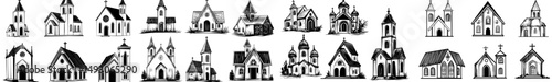 Collection of vintage rural churches, depicted in a contemporary hand-drawn illustration
