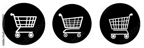 The shopping cart circle icon is characterized by its black color, round shape, and minimalist style, set against a white background, making it suitable for modern website and app designs