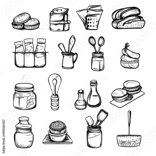This set of line icons features a linear style and outline modern symbol collection, including signs and logo illustrations for kitchen utensils and desserts, such as oven, sweets, chef hat, cake,