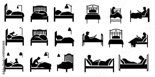 Modern illustration featuring a stick figure in different bed positions, symbolizing dreaming, sitting, and sleeping through icons and pictograms on white