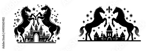 A vintage modern design element features a retro style label with a heraldry-inspired modern emblem that incorporates a horse illustration and a medieval tower