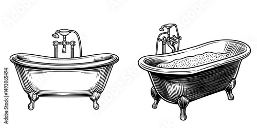 The bath is symbolized by a modern bathtub icon, shown as a flat and filled sign, with a solid pictogram on a white background, and accompanied by a bubble logo illustration