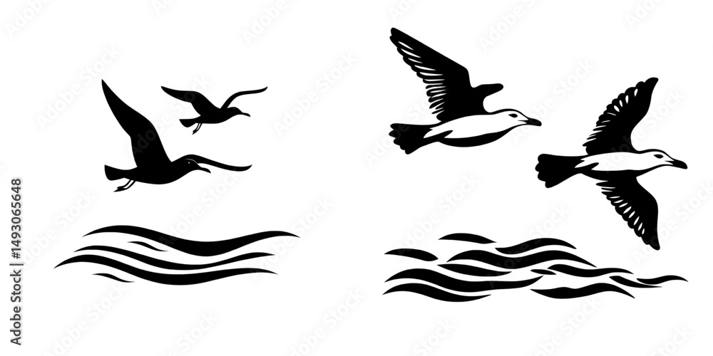 Obraz premium Icon set of a seagull in monochrome black and white, hand drawn in a brush style, depicting a flying seabird and marine symbol, isolated as a nautical animal emblem, for use as an element in banner