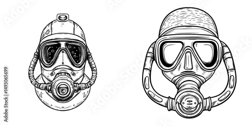 Modern graphics depicting a diving mask thin line icon and snorkel sign for diving and underwater on a white background with a linear pattern, eps