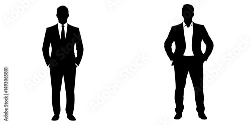 The modern illustration features the silhouette of a businessman dressed in a tuxedo