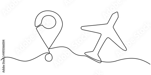 Airplane travelling continuous one line draw with map pin location, Continuous line drawing of aircraft flight routes and airport destinations. airplane line path icon of airplane flight route.
