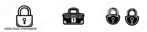 A black icon depicting locked and unlocked locks is set against a white background, accompanied by silhouettes of locked and unlocked padlocks in a flat design style