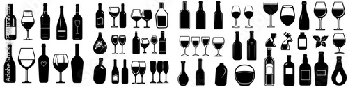 A collection of wine glasses and bottles is represented through icons, featuring modern black silhouettes