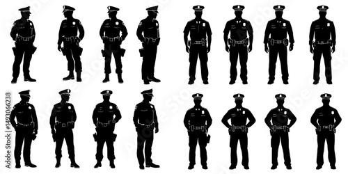 A set of fifteen modern black silhouette illustrations depicts the New York police