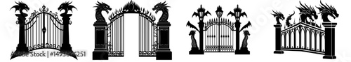 A dark gothic cemetery gate's silhouette stands alone, a detailed drawing of a cathedral structure, embodying fantasy architecture and a notable European medieval landmark, serving as a design