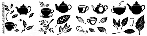 Modern outline illustration and silhouette of a tea icon collection