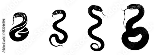 A black silhouette of a snake is depicted on a white background as an isolated symbol or icon, representing an abstract sign in a modern illustration style
