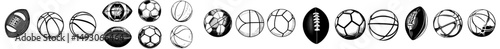 Sport balls icons are set in an engraving style with color illustration on a white background