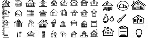 Minimalist line icons and logos for real estate agents, featuring apartments, houses, and plots