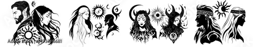 A design featuring isolated man and woman symbols is presented in a modern line art style with mystic illustration, characterized by an engraved drawing in gothic style, representing occult,