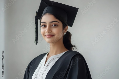 Elegant graduation portrait of an Indian woman with fair skin and black hair