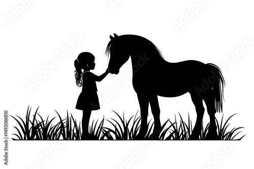 The silhouette of a modern girl with a horse on a white background embodies the themes of animals, friendship, childhood, and pets