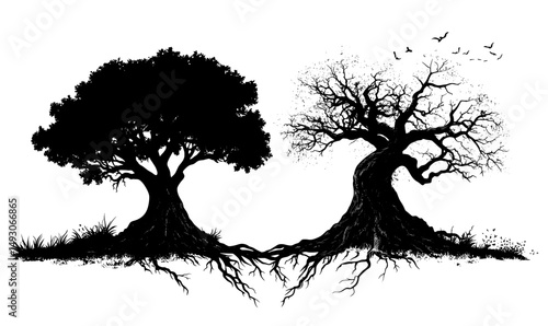An old tree stump with roots is depicted in black silhouette, isolated on a white background, forming a modern Halloween icon