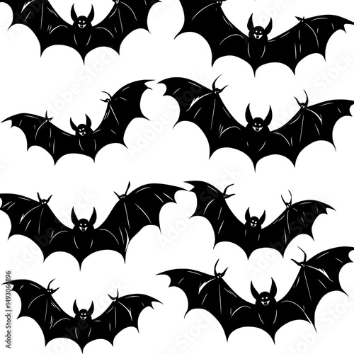 The image depicts a modern seamless pattern of bats on white, combined with a hand-drawn All Saints Day symbol, creating a Halloween-themed background
