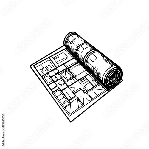 The room plan icon, illustrated in a modern flat style, is positioned on a white isolated background to convey a house project business concept via blueprint