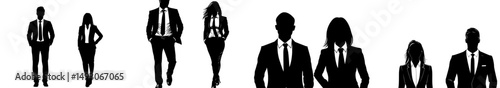 Business individuals are depicted in a group silhouette against a white backdrop, presented in a flat line style with modern illustration