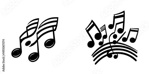 An icon of music notes, along with musical key signs, are depicted as modern symbols on a white background