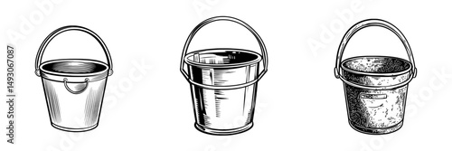 The bucket icon is depicted in a flat style, with a modern garbage pot illustration set against a white isolated background to convey a pail business concept