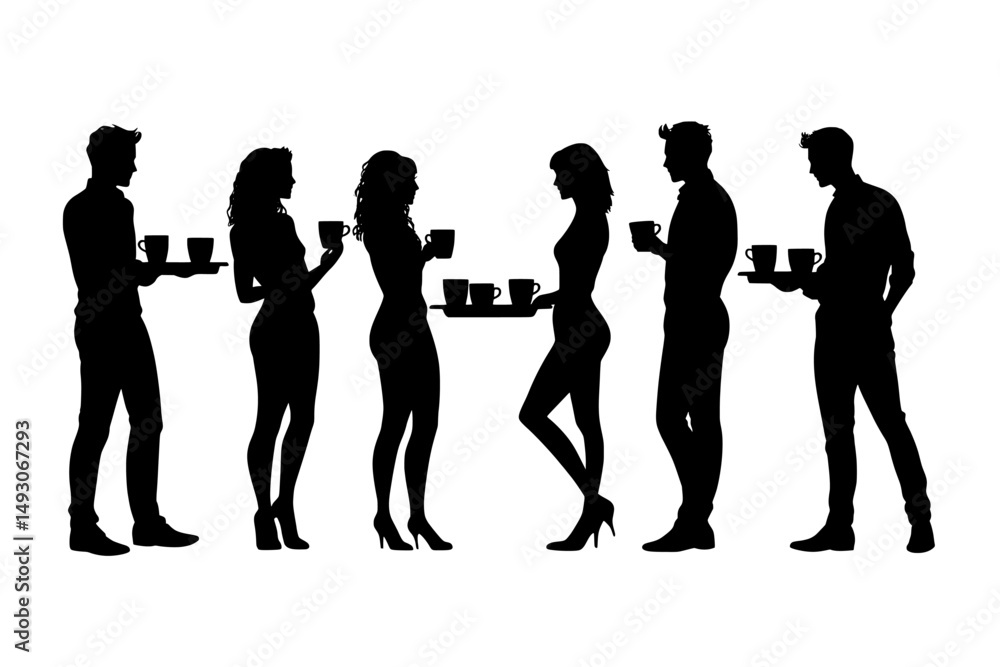 Fototapeta premium A modern white background features the silhouette of a waiter collection, embodying the concept of people, bars, restaurants, and the professions of barman and waiter
