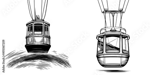 A modern illustration of a cable car, in flat style, includes an elevator cabin on a white isolated background to convey a cableway business concept