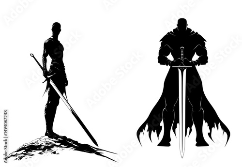 A 2D illustration depicts a knight in armor and a tattered cloak, wearing a spiked crown, standing with paired swords and making a pointing gesture with one of his blades