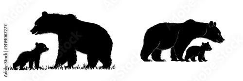 A contemporary outline of a bear family set against a white backdrop, representing a wild mother and her baby remaining together