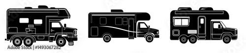 Silhouette of a recreational vehicle on a white background, with camper van icons viewed from multiple angles