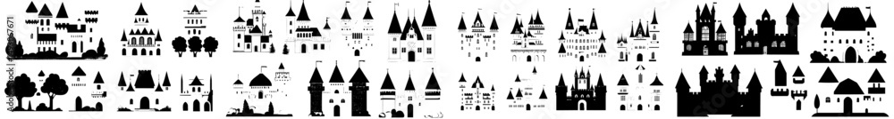 Obraz premium A medieval castle DIY constructor for kids is depicted in a modern illustration, showcasing an ancient building with various details in flat style, representing architecture and history concepts,