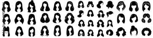 The icon set features a modern female head, specifically an Asian woman with black hair viewed in profile, as a flat clip art design element