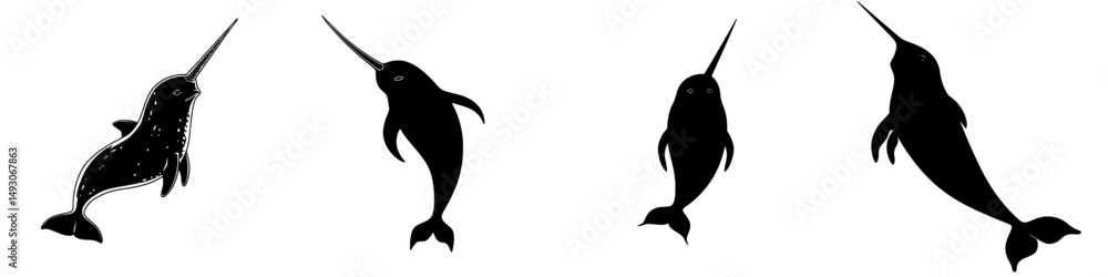 Fototapeta premium Modern logo featuring the silhouette of a narwhal, a whale from the Arctic sea, in black