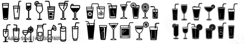 A set of icons representing alcoholic cocktails is available, featuring simple outlines of various drinks isolated on a white background, including beer, mojito, and whiskey