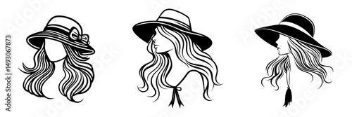 A minimalist black linear design of an abstract woman's profile, wearing a hat, is illustrated in continuous line art drawing style and isolated on a white background