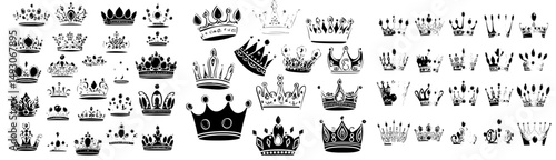 The golden crown modern illustration set includes a cartoon flat gold royal medieval collection of luxury monarch crowning jewel headdress for a king, emperor or queen, with monarchy imperial symbols