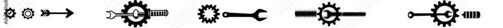 Naklejka premium A set of service icons is available, including a wrench, screwdriver, and gear, as well as screwdriver and wrench glyphs, for settings and repair signage in a modern style