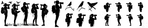 Four girls are standing in a line, viewed from the side, with one girl seen from the front and the others in profile, while a tourist, equipped with binoculars and a backpack, is among them on a