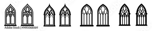 The design features a church window symbol, gothic windows, and a church window icon, along with gothic window frames in a line icon set, presented in a modern illustration style as a window icon