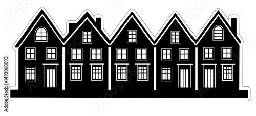 dark colored municipality, apartment blocks, assembly of buildings, contour, modern day icon on a white setting