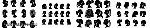 Modern illustration featuring a collection of female silhouettes with various hairstyles shown from the side