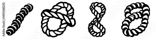 The icon of rope is depicted as a black silhouette of a bundle of rope or twine, presented in a modern illustration style isolated on a white background, suitable for design and web use