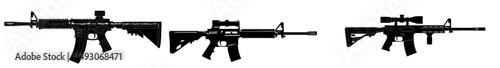 A modern silhouette image of an assault rifle, symbolizing military might, is illustrated on a white background, representing army and police weaponry